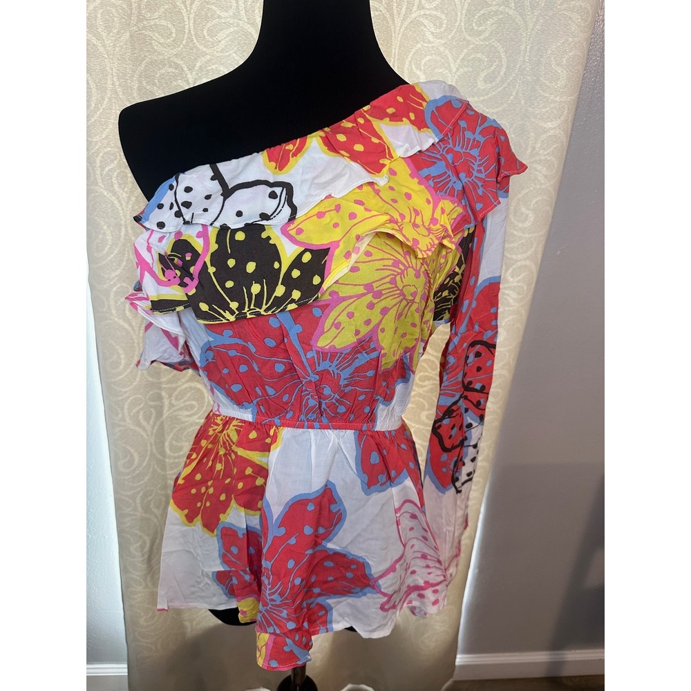 Emily Wonder One Shoulder Floral‎ Tunic Top NWT Ruffle Boho Summer Blouse-Large